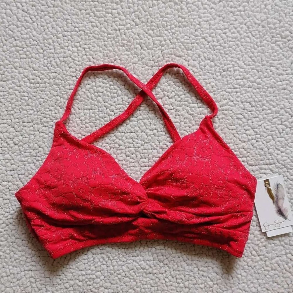 Jessica Simpson Women’s Jacquard Twist Front Bikini Top in Mandarin, Size L